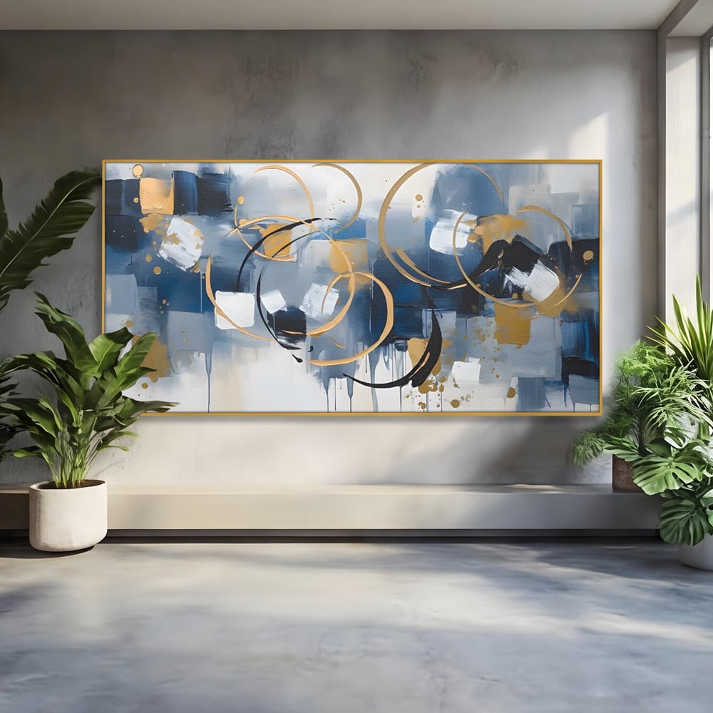 Tablou canvas cu pictura abstracta cu cercuri aurii si albastre, in rama de aluminiu auriu